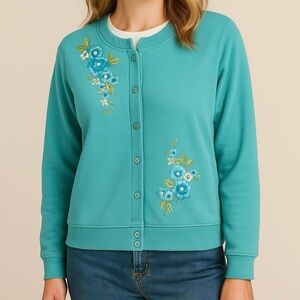 Vintage Shenanigans Sweater Womens Petite Large Green Floral Button Up